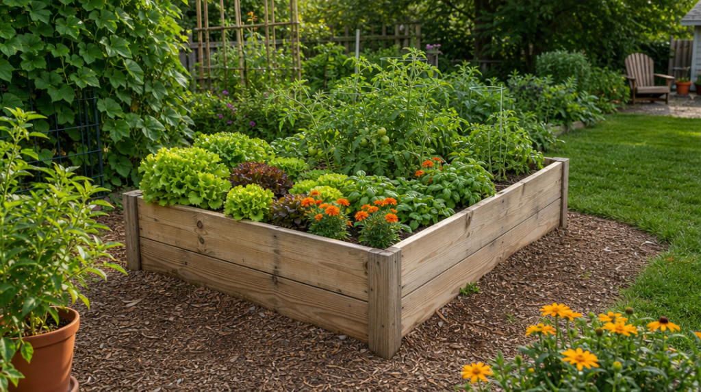 Carré potager surélevé avec légumes et aromatiques