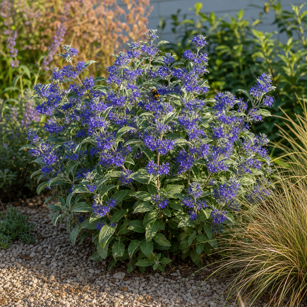 Caryopteris bleu fleuri avec bourdon dans un massif