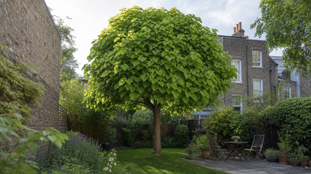 Catalpa au feuillage large créant une ombre compacte
