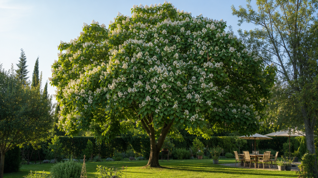 Catalpa fleuri offrant une large zone d’ombre au jardin