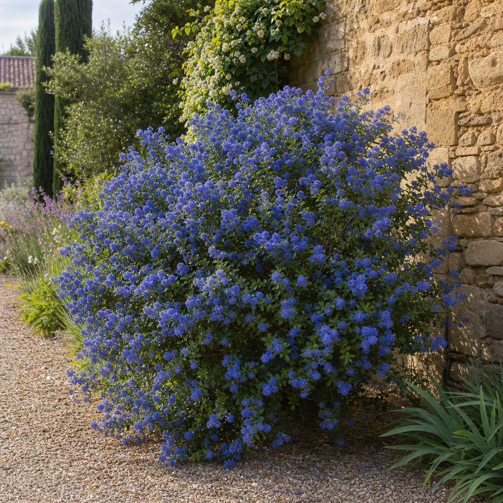 Céanothe bleu fleuri contre un mur ensoleillé