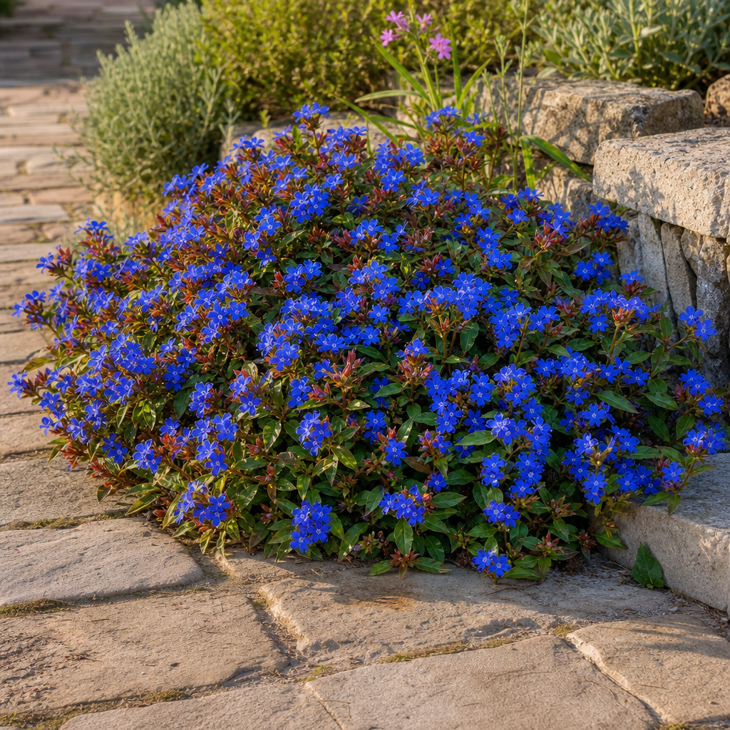 Dentelaire bleue et feuillage rouge en bordure