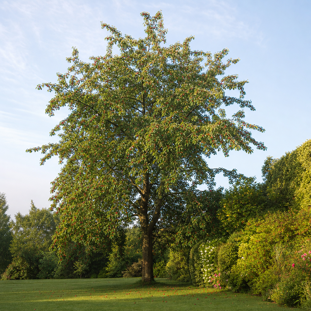 Cerisier sauvage aux cerises rouges dans un jardin