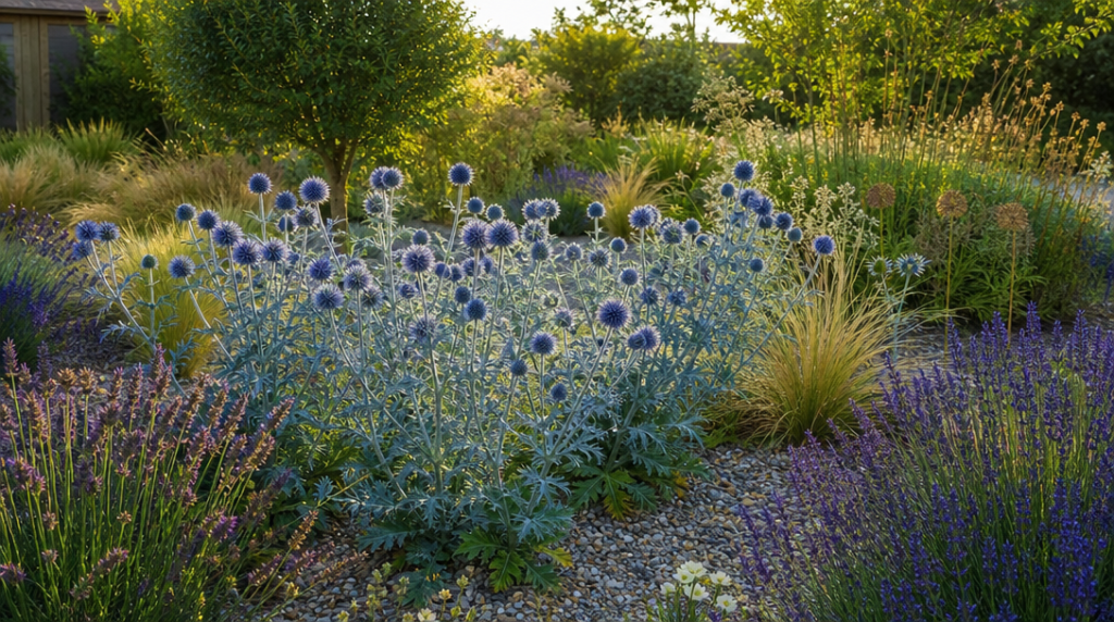 Chardon bleu fleuri dans un massif sec ensoleillé