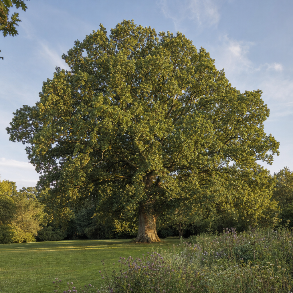Grand chêne pédonculé au feuillage dense et glands
