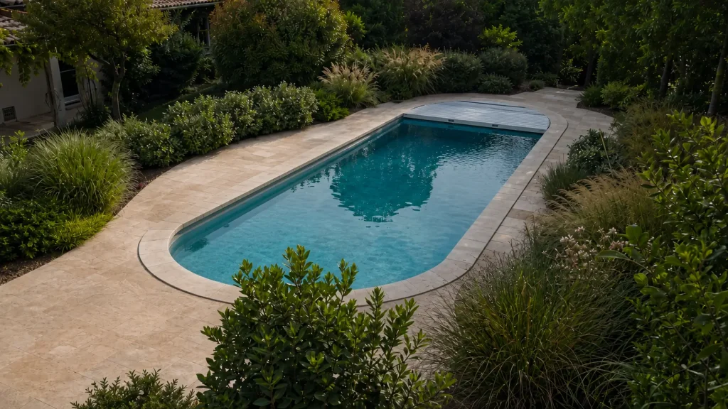 Piscine arrondie avec volet et plages dégagées