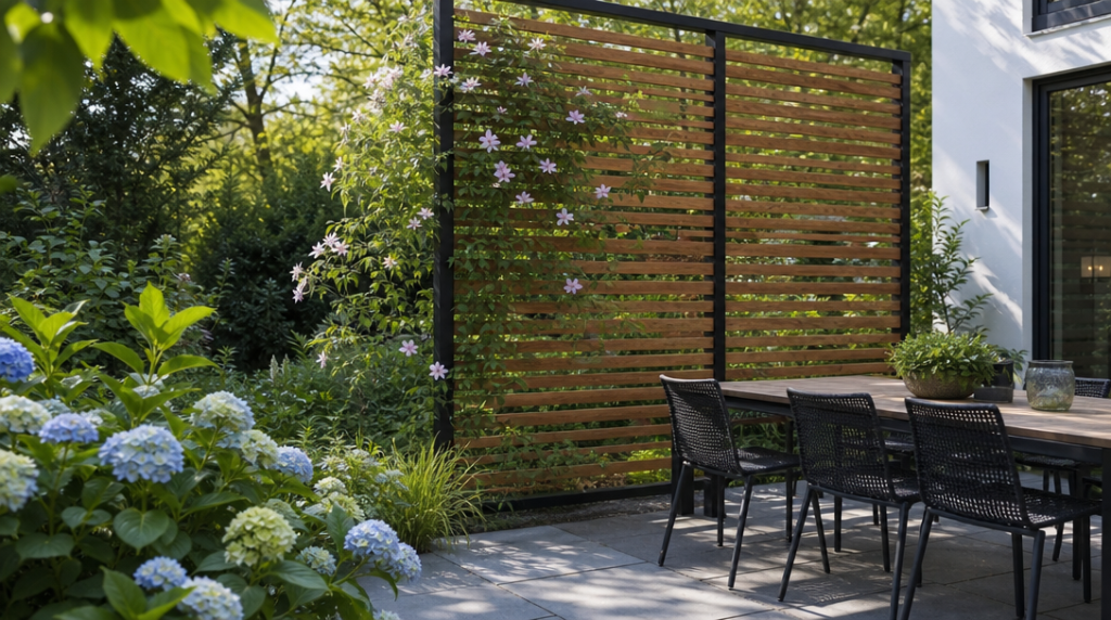 Claustra ajouré avec végétaux près d’une terrasse