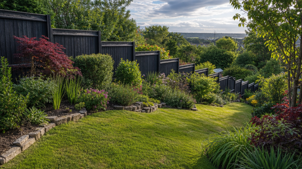 Clôture pour terrain en pente dans un jardin fleuri