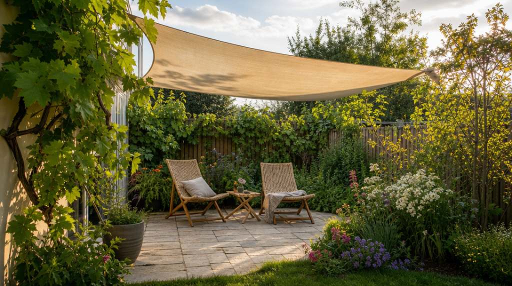 Coin ombragé avec voile, fauteuils et feuillages
