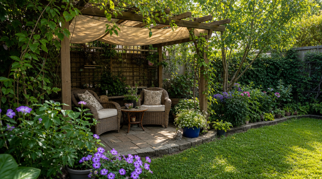 Coin détente ombragé avec fauteuils sous une pergola