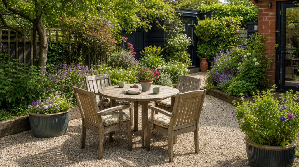 Table ronde sur gravier dans un coin repas jardin