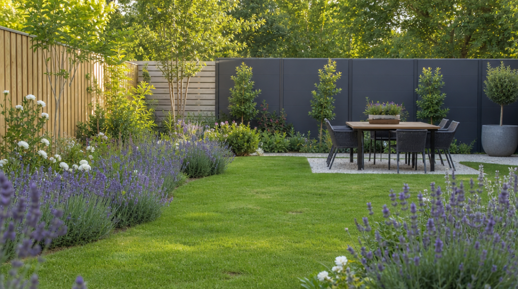 Jardin avec clôtures bois aluminium composite et grillage