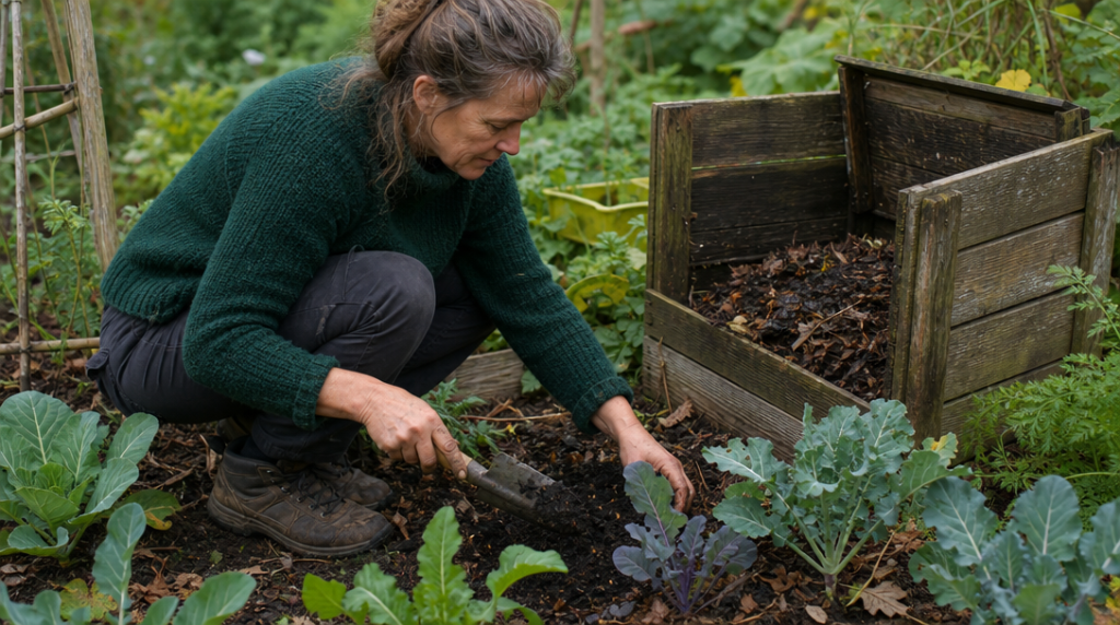 Compost mûr étalé autour de jeunes légumes