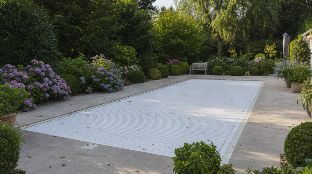 Lames fermées retenant feuilles au bord de piscine