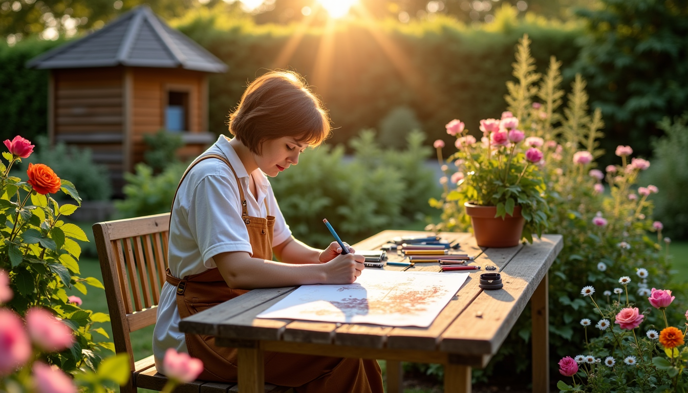 Femme dessinant un croquis sur table, crayons et pot de fleurs
