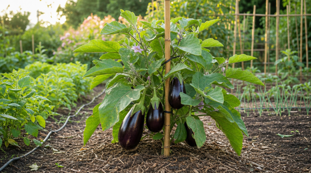 Plant d’aubergine chargé de fruits violets au potager