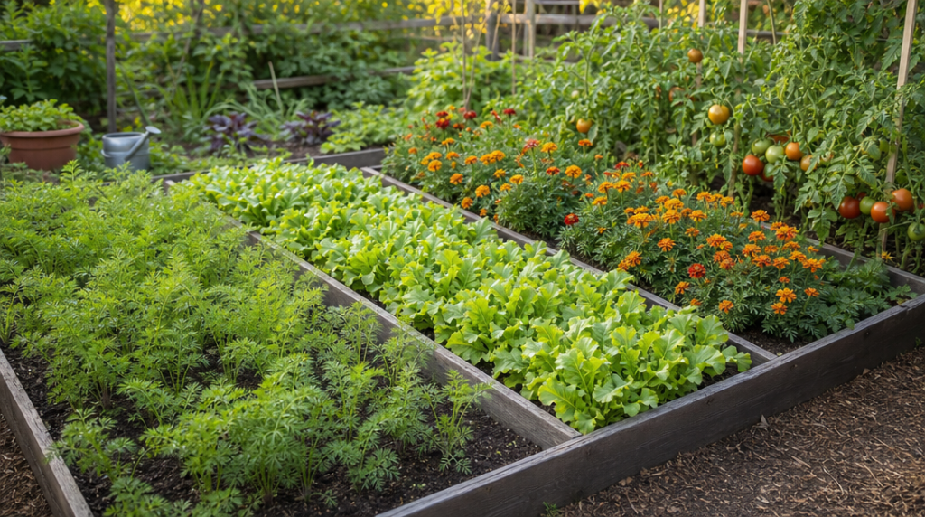 Carottes salades fleurs et tomates au potager