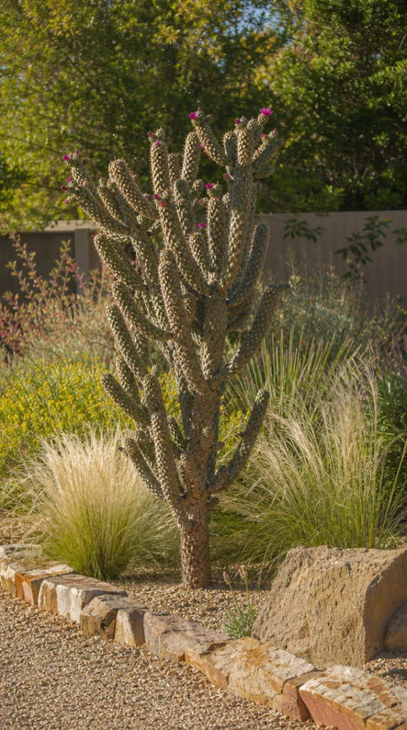 Cylindropuntia imbricata dressé dans un massif sec ensoleillé