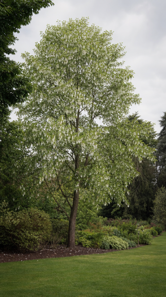 Davidia aux longues bractées blanches dans un jardin
