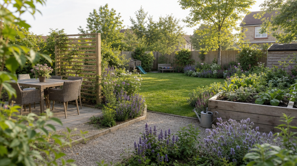 Terrasse potager et pelouse séparés par claustra léger