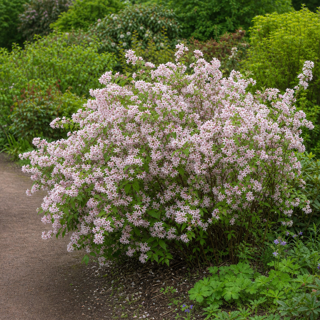 Deutzia rose fleuri au bord d’une allée