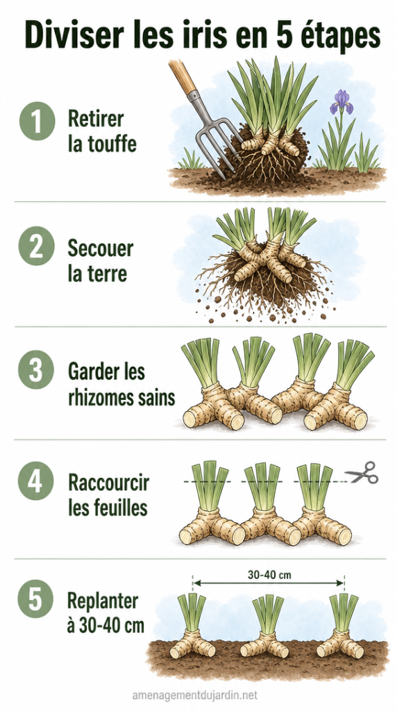 Étapes illustrées pour diviser et replanter des iris
