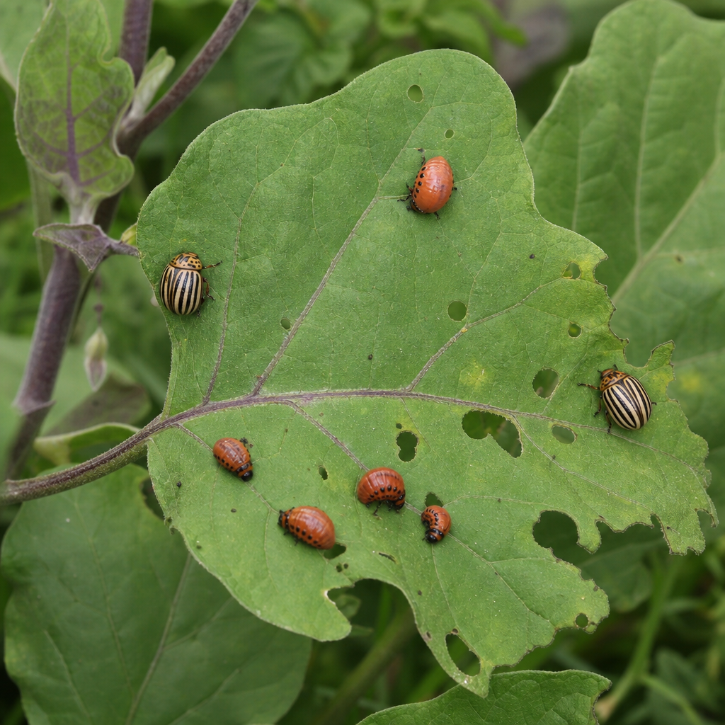 Doryphores sur feuille d’aubergine aux bords grignotés