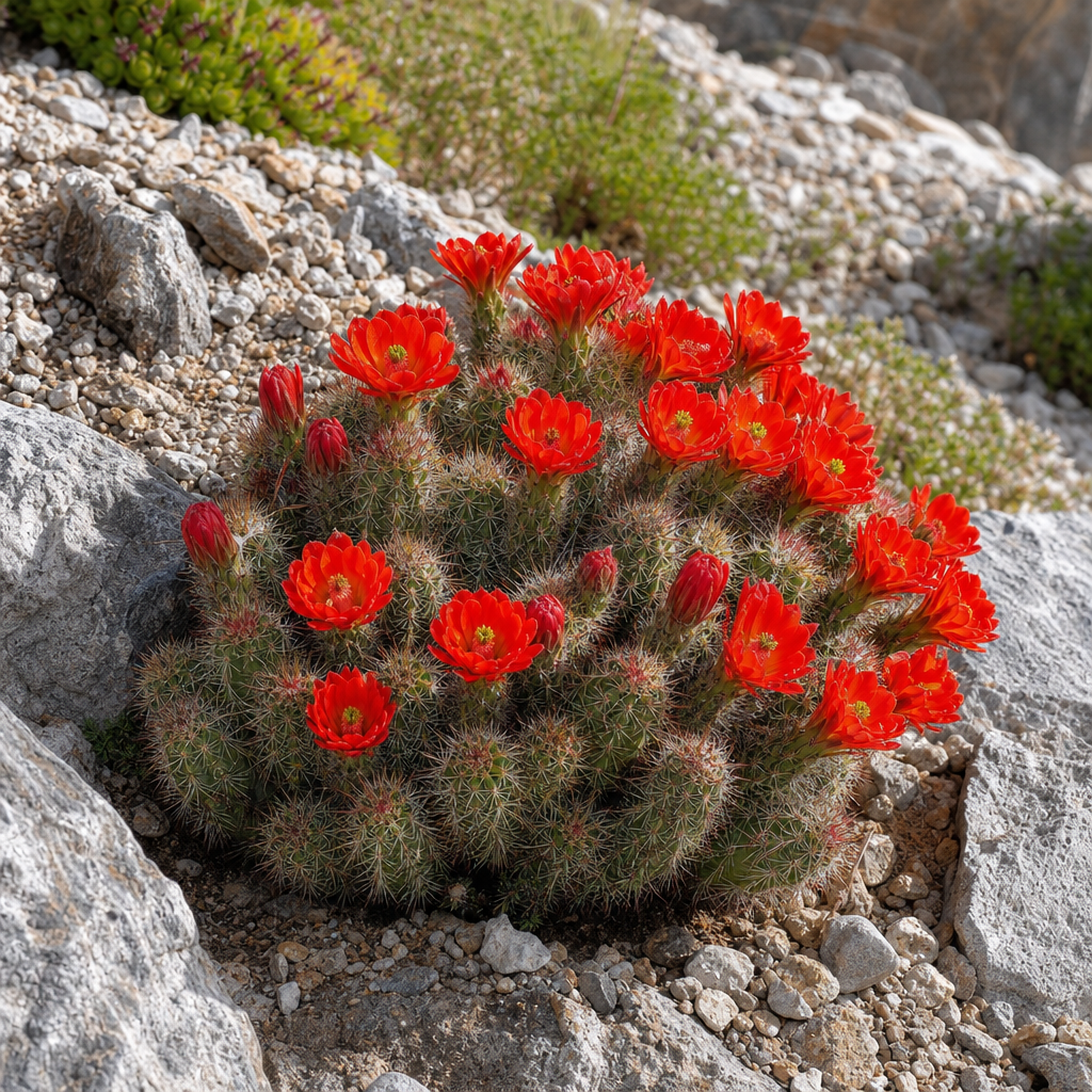 Echinocereus triglochidiatus aux fleurs rouges sur rocaille minérale