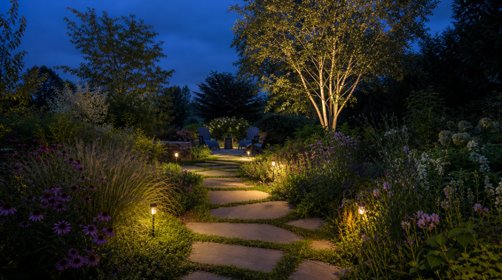 Allée de jardin éclairée par des balises solaires