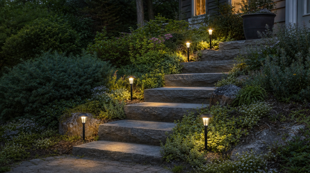 Lampes solaires guidant des marches de jardin au crépuscule
