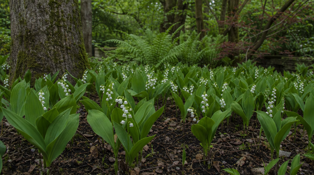 Touffes de muguet dans une bordure ombragée et fraîche