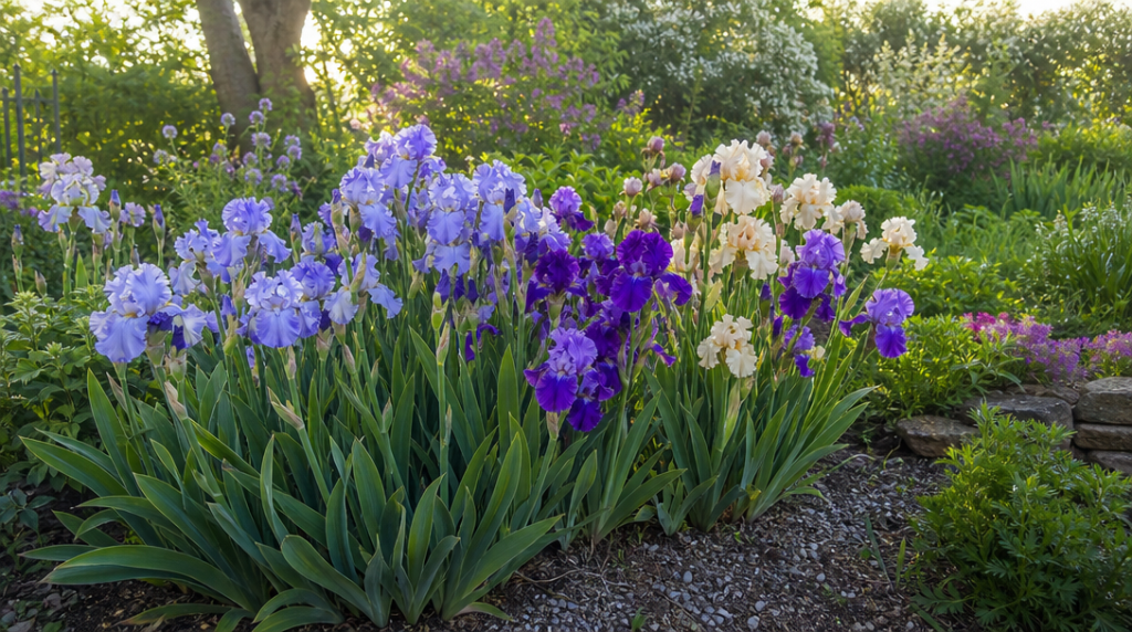 Massif d'iris barbus fleuris dans un jardin ensoleillé