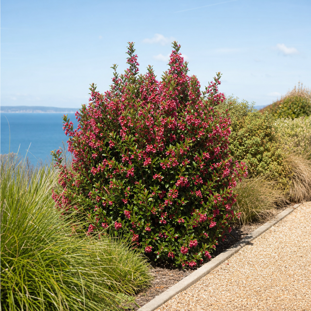 Escallonia rouge fleuri dans une haie de jardin côtier