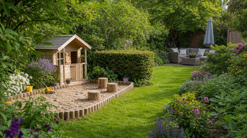 Cabane et rondins dans un espace de jeu jardin