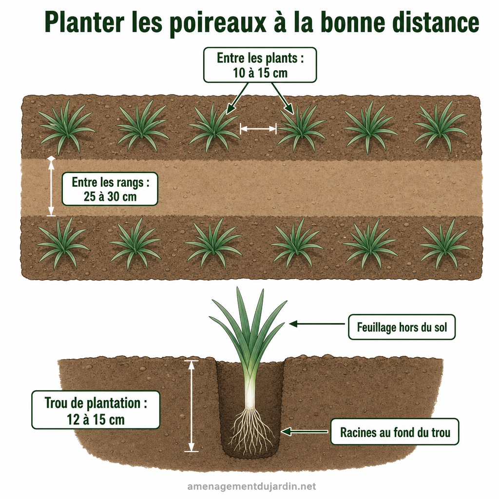 Schéma d’espacement et profondeur des plants de poireaux