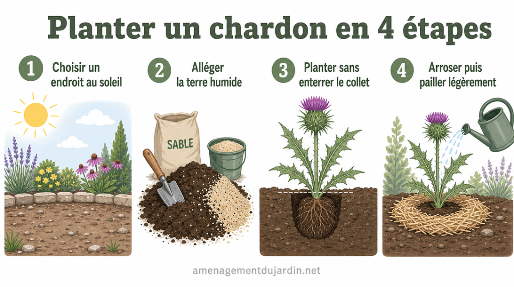 Quatre étapes illustrées pour planter un chardon