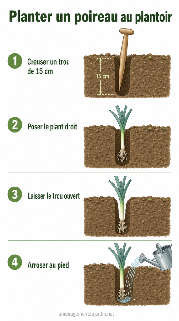 Étapes illustrées pour planter un poireau au plantoir