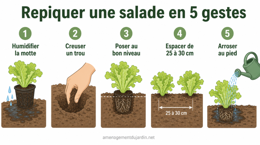 Cinq étapes illustrées pour repiquer une salade