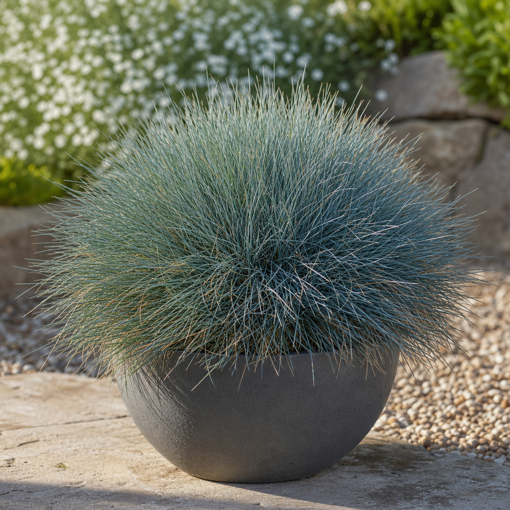 Fétuque bleue en pot avec feuillage fin