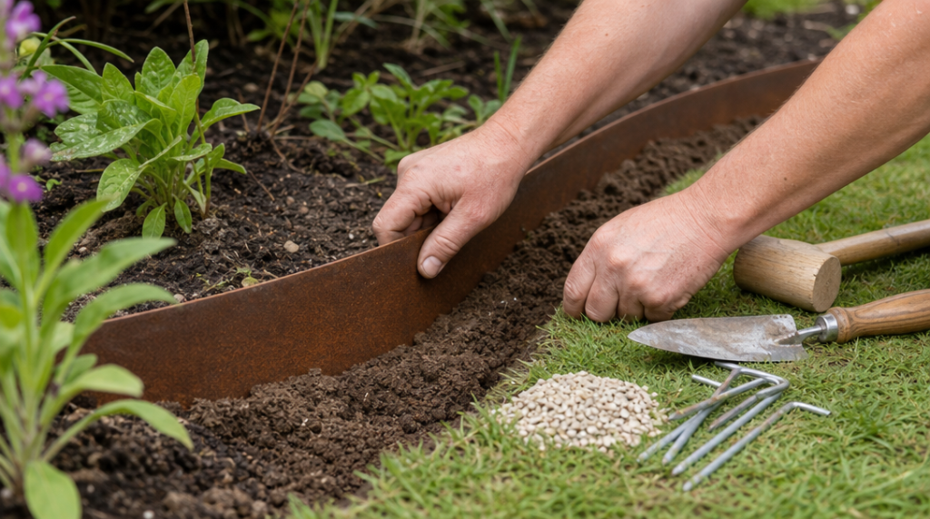 Mains stabilisant une bordure Corten dans une tranchée