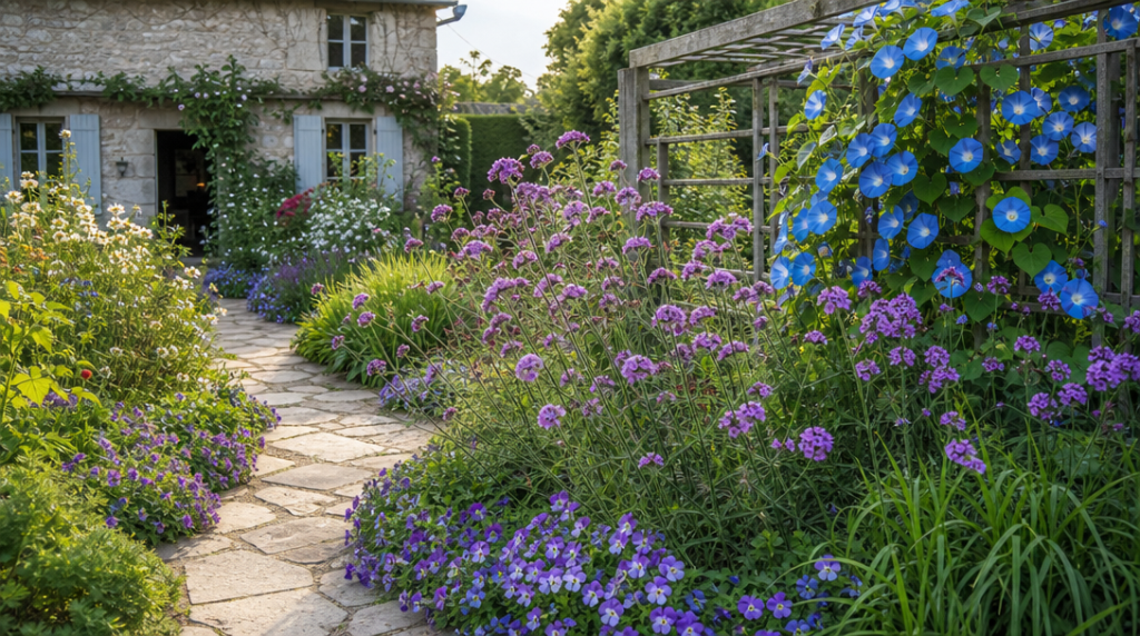 Jardin fleuri avec verveines, violettes et volubilis