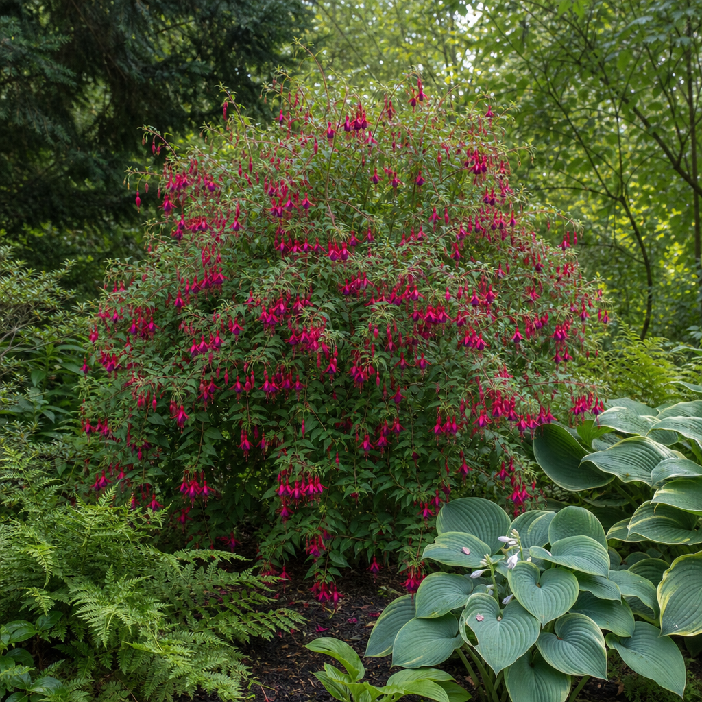 Fuchsia rustique aux fleurs rouges dans un massif frais
