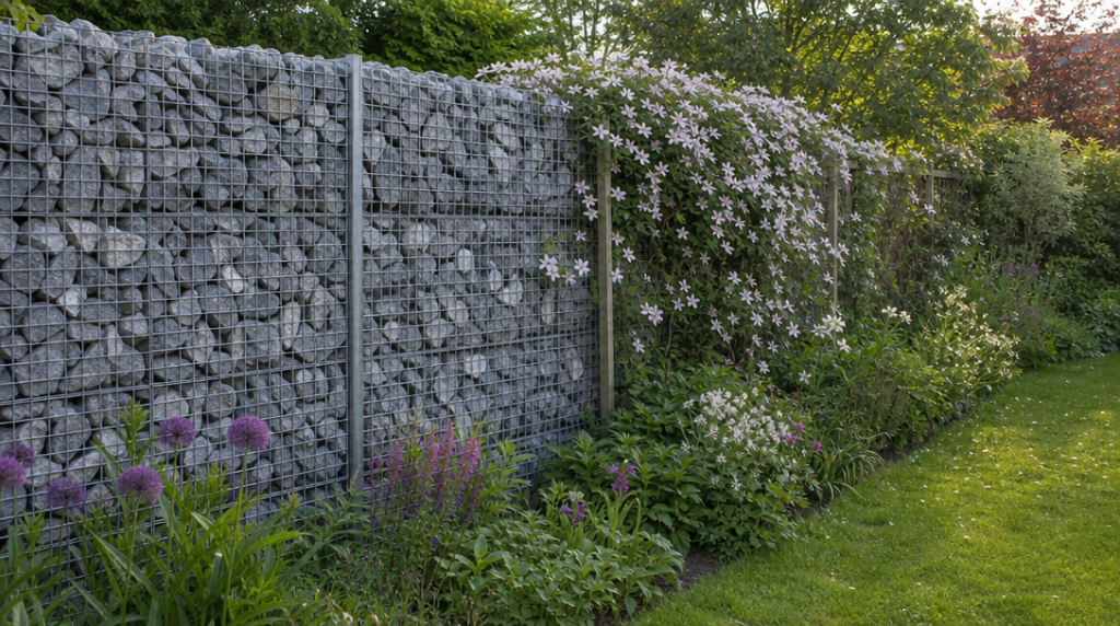 Gabion en pierre avec clôture végétalisée et clématite