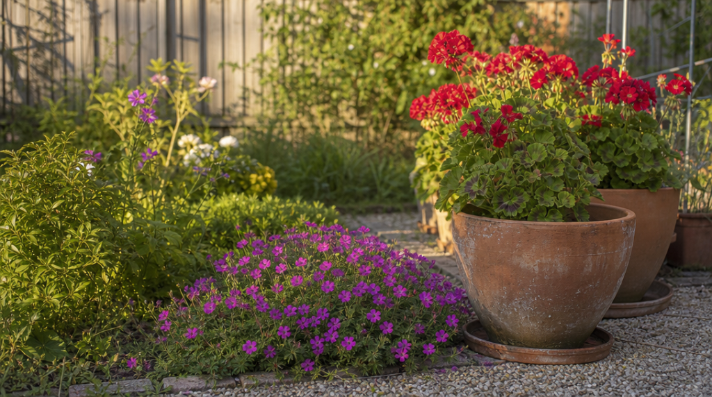 Géranium vivace en massif et pélargoniums en pots
