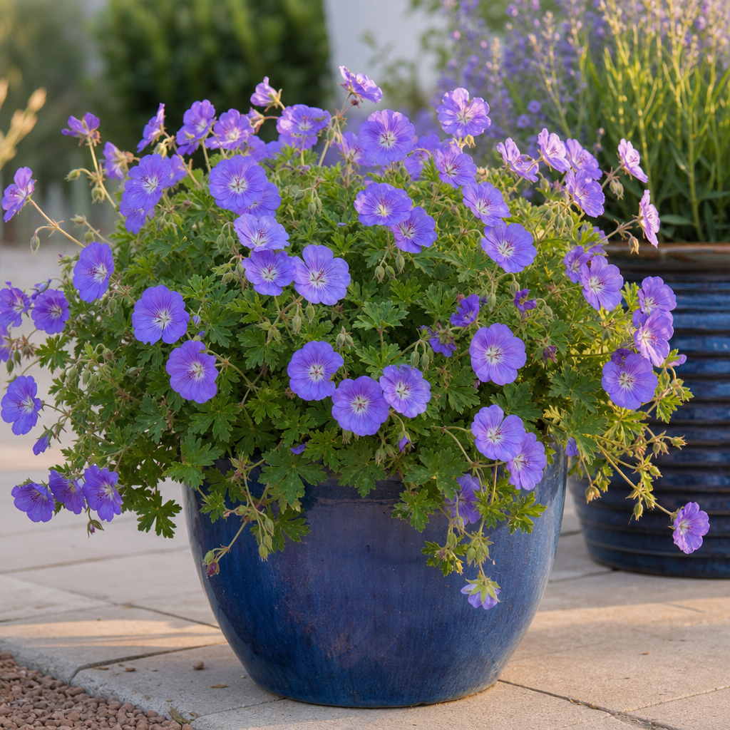 Géranium vivace violet en pot fleuri