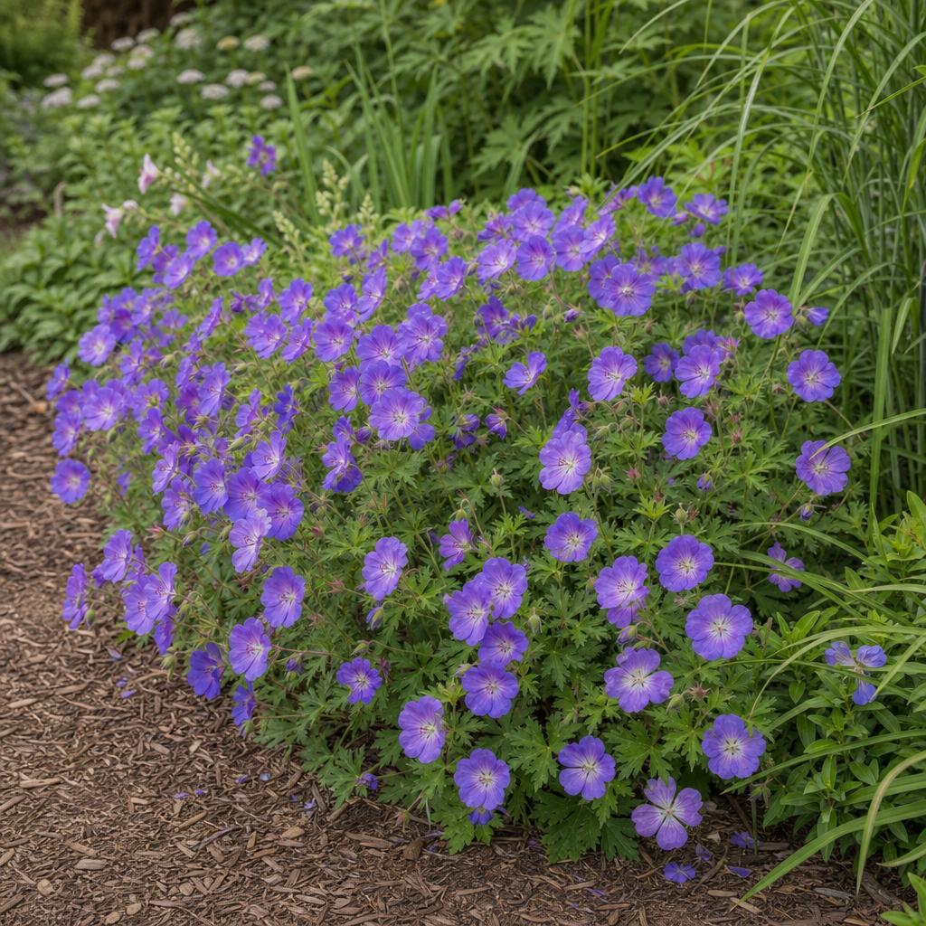 Géranium vivace bleu-violet couvrant une bordure