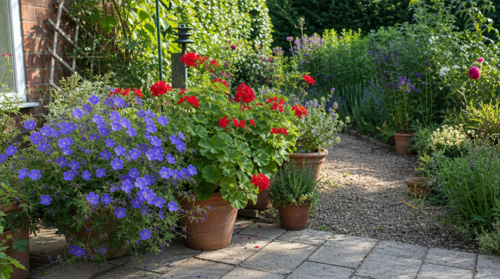 Terrasse fleurie avec géraniums vivaces et pélargoniums