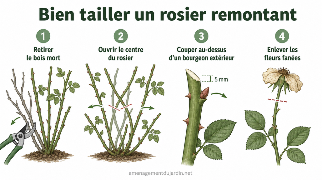 Schéma des coupes sur un rosier remontant