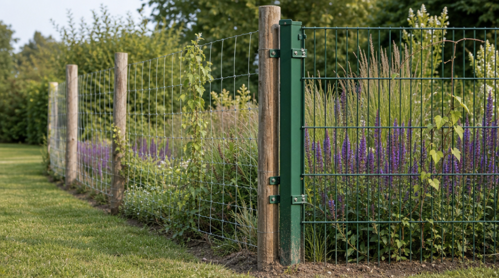 Grillage souple et panneaux rigides bordant un jardin