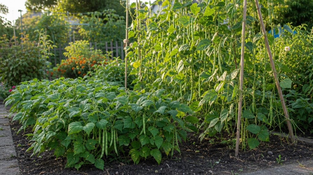Haricots nains et à rames au potager